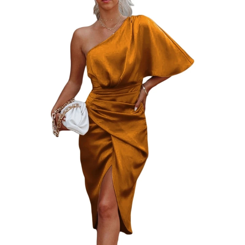 Satén de un hombro para mujer, manga de murciélago, fruncido, ajustado, vestido largo midi, vestidos asimétricos de fiesta de cóctel