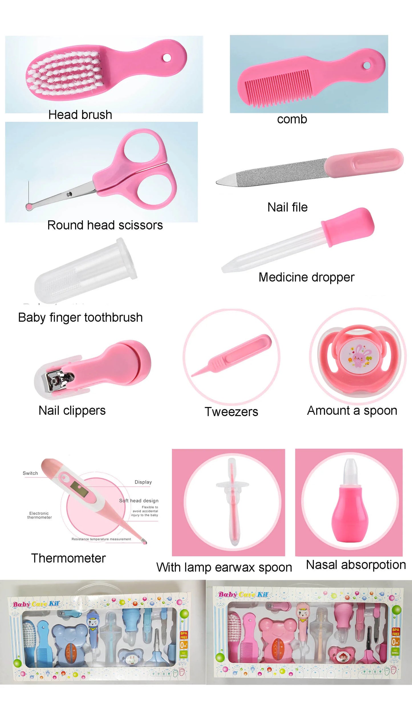13 in 1 Baby Grooming Kit Health Safety Care Set Newborn Nursery with Toothbrush Ear Spoon Thermometer Nail Clipper File