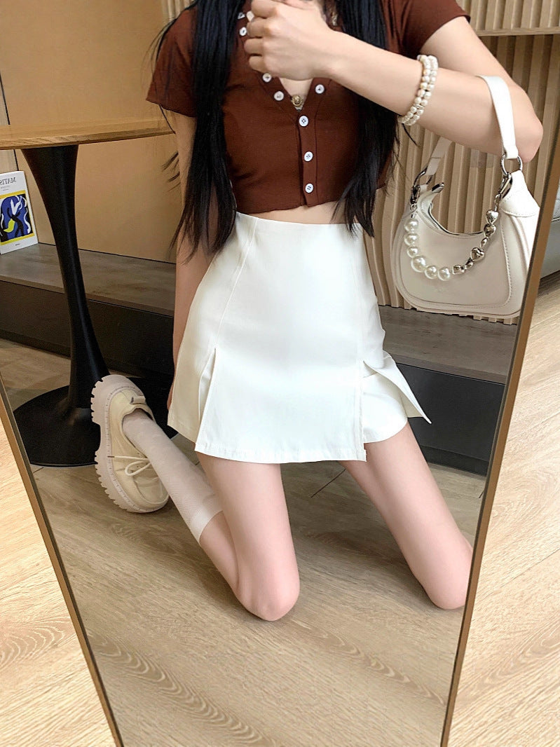 White Suit Short Skirt for Petite Women, Spring and Autumn High-Waisted Slimming Design, Anti-Exposure Slit A-Line Half Skirt Pants