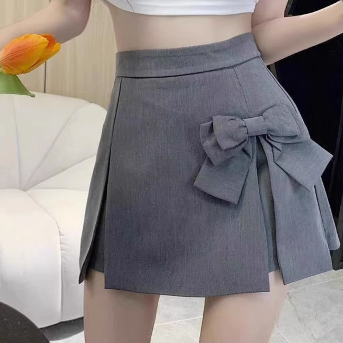 Half-length skirt pants women's 2023 autumn new bow design hot girl suit skirt high waist slim A- line skirt