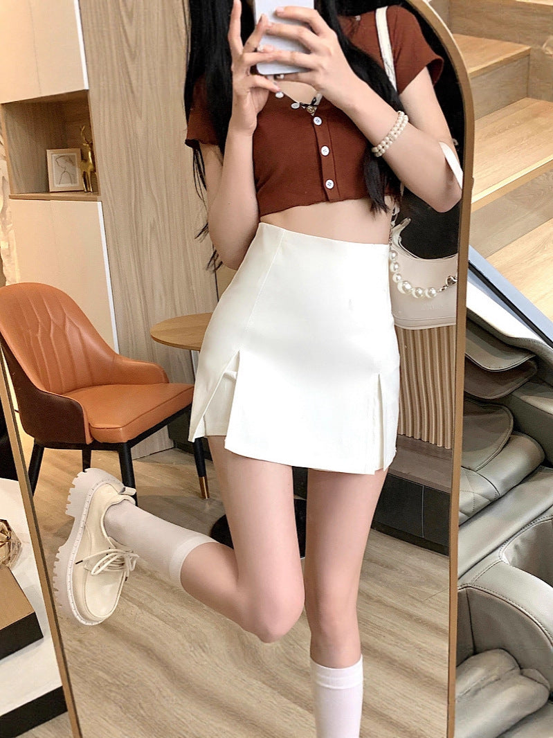 White Suit Short Skirt for Petite Women, Spring and Autumn High-Waisted Slimming Design, Anti-Exposure Slit A-Line Half Skirt Pants