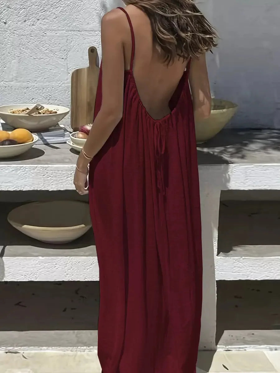 2026 New European & American Cross‑border Women’s Wear, Solid Color Loose Casual Versatile Slip Backless Maxi Dress