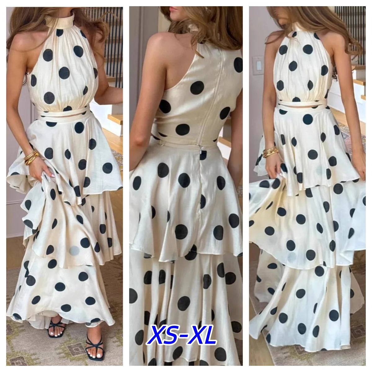 retro francesas para mujer, largo, 2 piezas, elegantes, lunares, sin mangas, con volantes, conjunto plisado, fiesta de lujo, conjunto de vestido femenino sexy