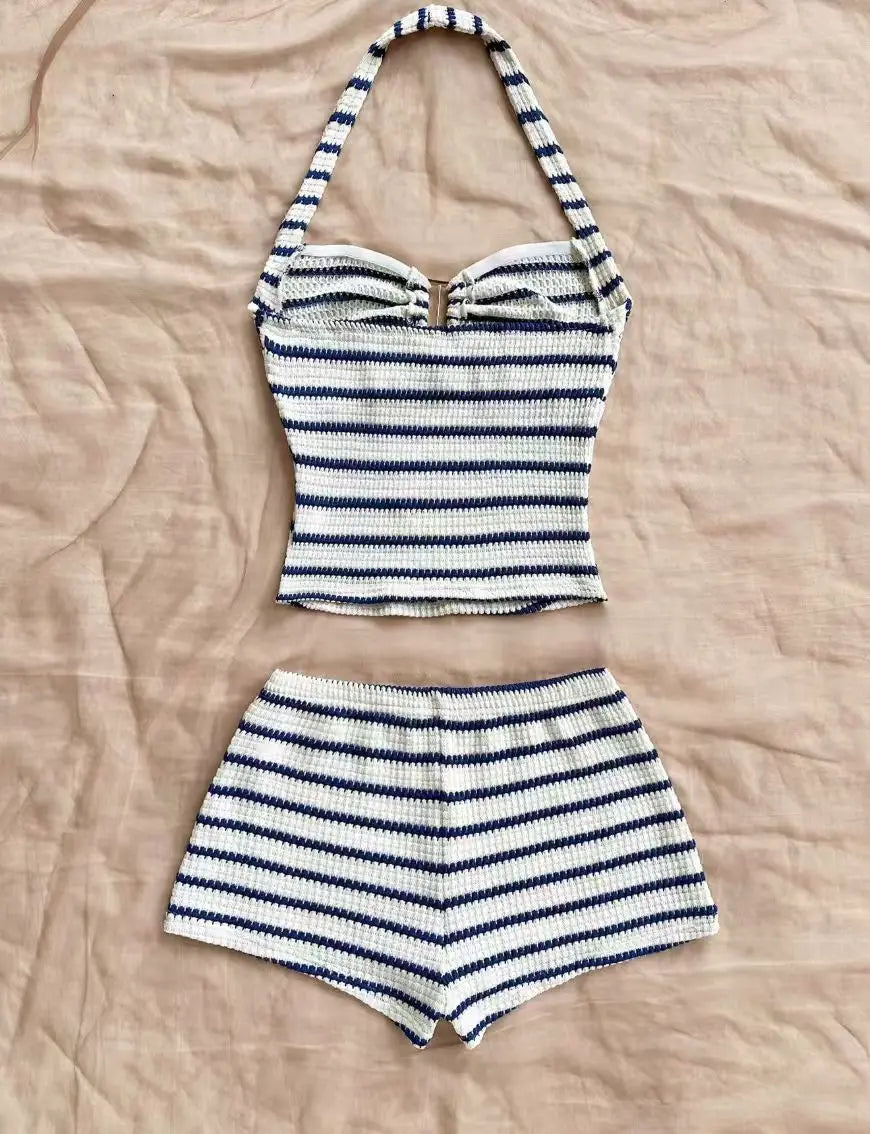 Summer striped halter-neck waffle knit suit - a sexy beach outfit for vacation girls.