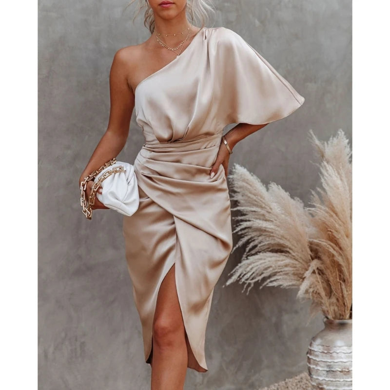 Satén de un hombro para mujer, manga de murciélago, fruncido, ajustado, vestido largo midi, vestidos asimétricos de fiesta de cóctel