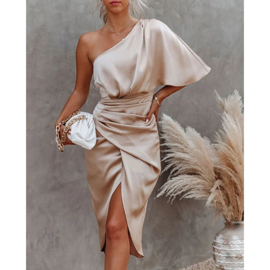 Satén de un hombro para mujer, manga de murciélago, fruncido, ajustado, vestido largo midi, vestidos asimétricos de fiesta de cóctel
