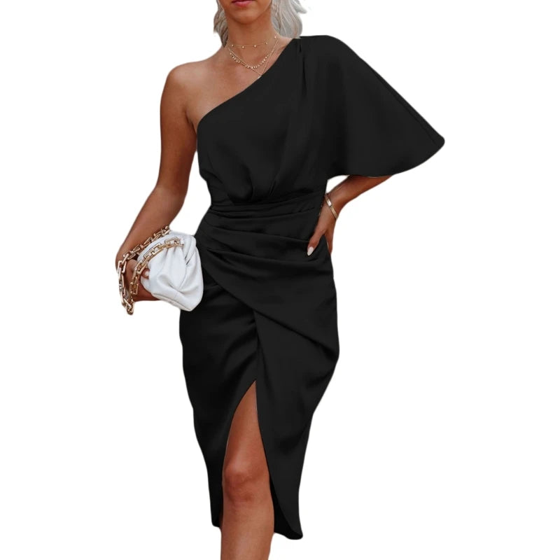 Satén de un hombro para mujer, manga de murciélago, fruncido, ajustado, vestido largo midi, vestidos asimétricos de fiesta de cóctel