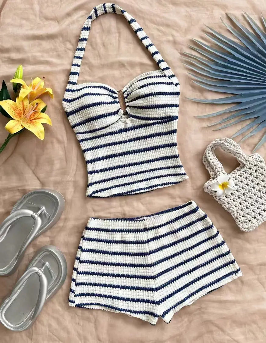 Summer striped halter-neck waffle knit suit - a sexy beach outfit for vacation girls.