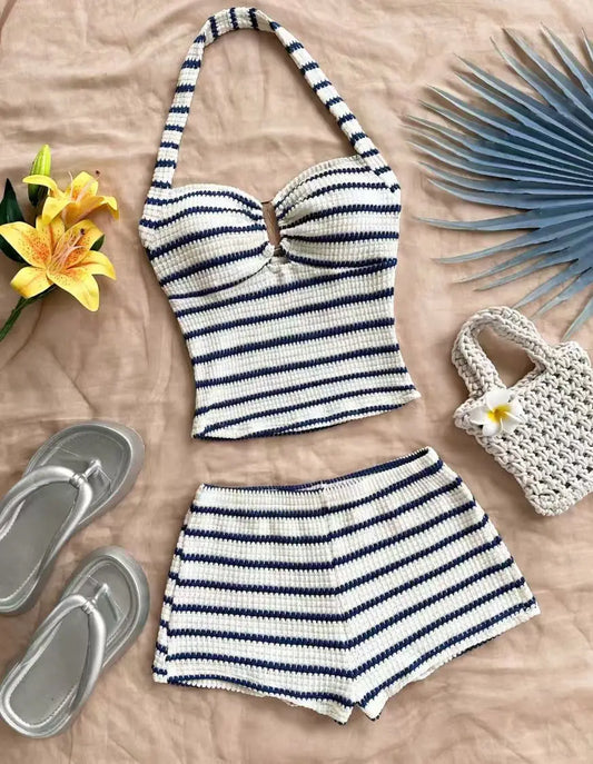 Summer striped halter-neck waffle knit suit - a sexy beach outfit for vacation girls.