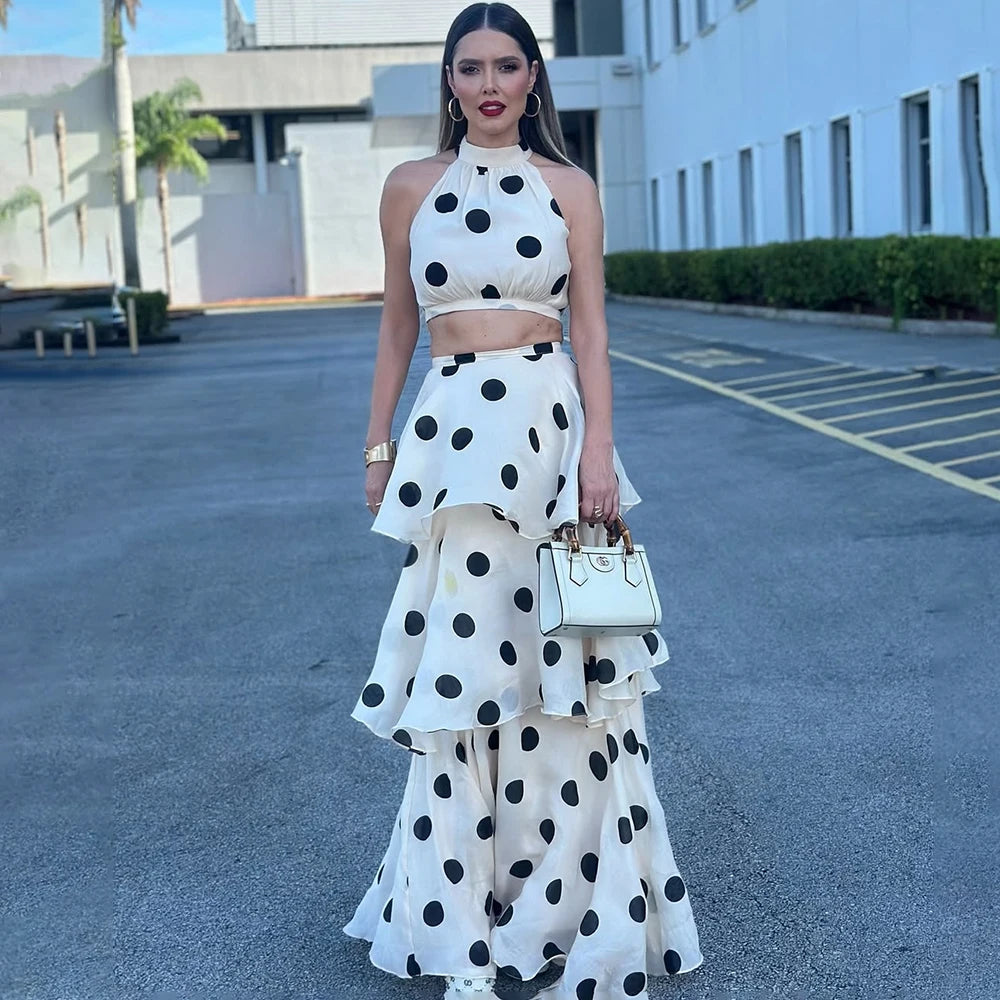 retro francesas para mujer, largo, 2 piezas, elegantes, lunares, sin mangas, con volantes, conjunto plisado, fiesta de lujo, conjunto de vestido femenino sexy