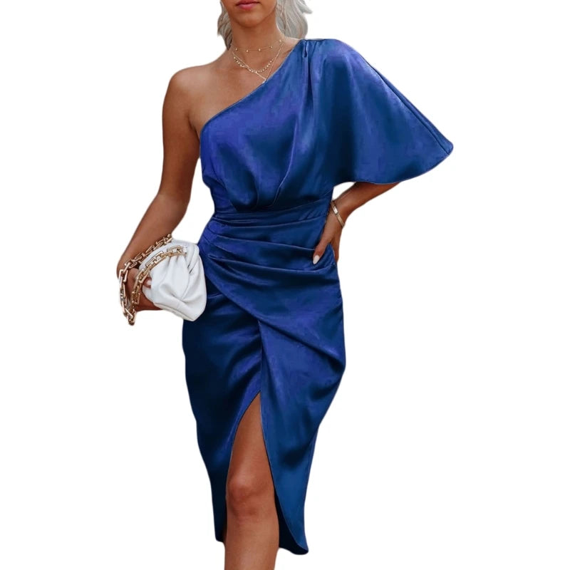 Satén de un hombro para mujer, manga de murciélago, fruncido, ajustado, vestido largo midi, vestidos asimétricos de fiesta de cóctel