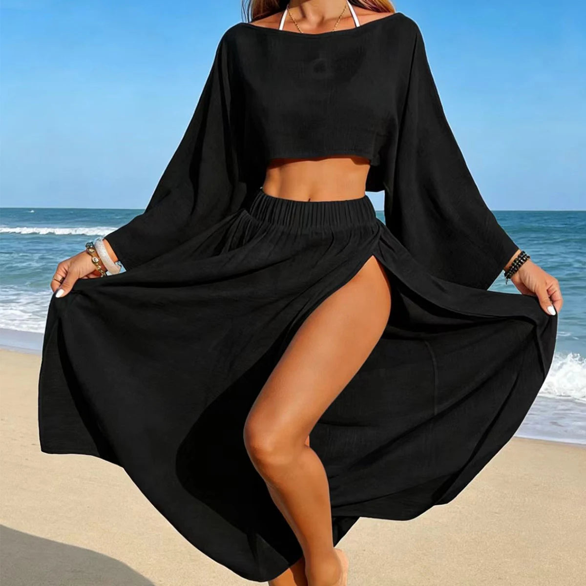 Conjunto de top corto casual de moda y falda dividida, vacaciones de verano ligera transparente cubierta de playa, traje de baño de dos piezas para mujer