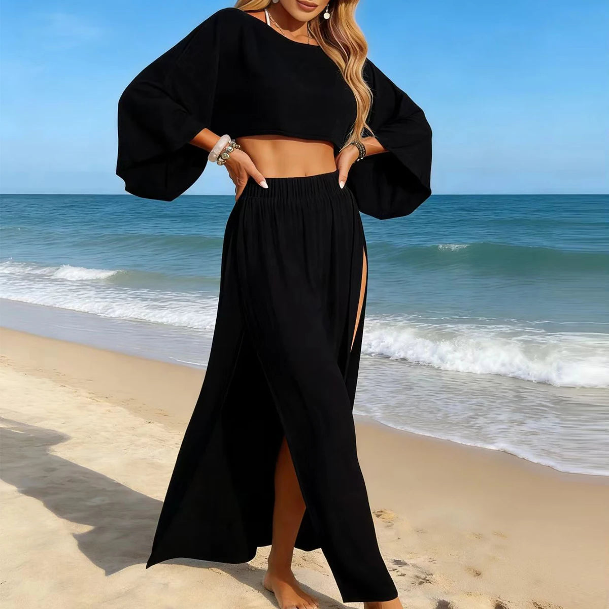 Conjunto de top corto casual de moda y falda dividida, vacaciones de verano ligera transparente cubierta de playa, traje de baño de dos piezas para mujer