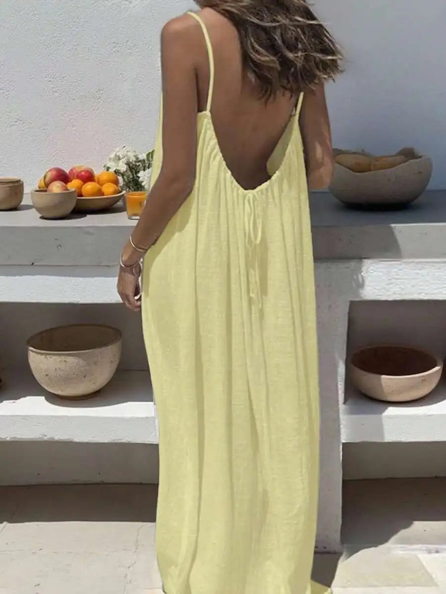 2026 New European & American Cross‑border Women’s Wear, Solid Color Loose Casual Versatile Slip Backless Maxi Dress