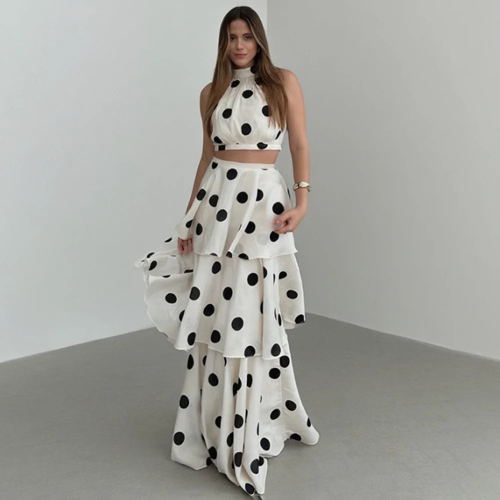 French Retro Holiday Women Long 2 Piece Elegant Polka Dot Sleeveless Top Ruffle Pleated Set Luxury Party Sexy Female Dress Set