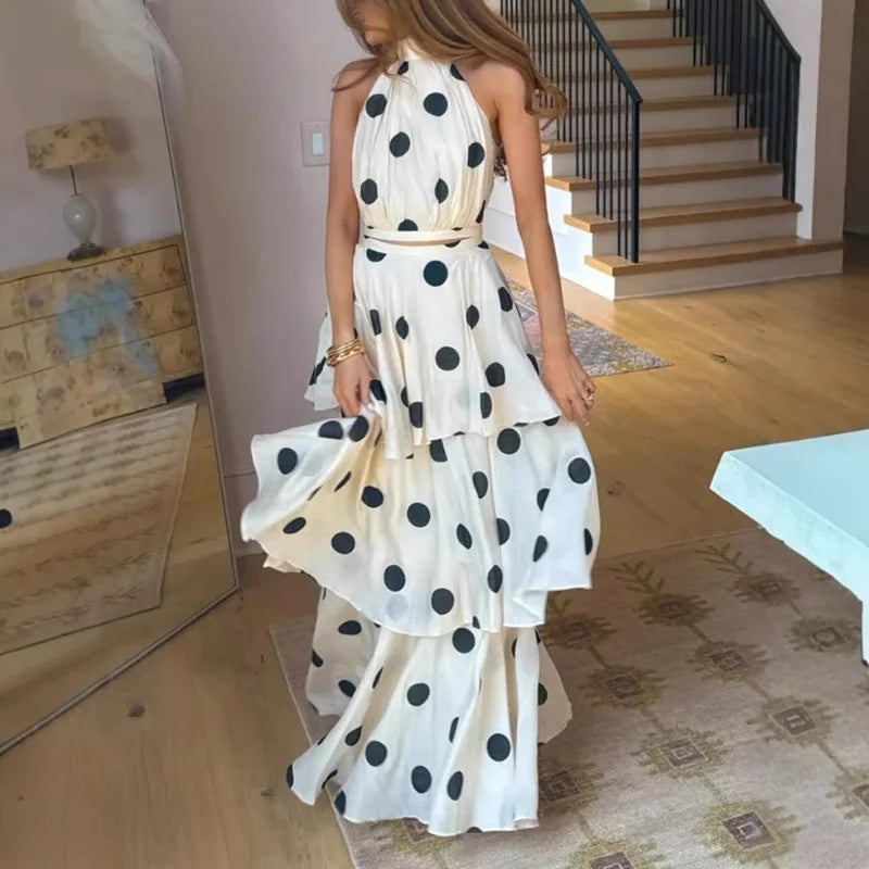 retro francesas para mujer, largo, 2 piezas, elegantes, lunares, sin mangas, con volantes, conjunto plisado, fiesta de lujo, conjunto de vestido femenino sexy
