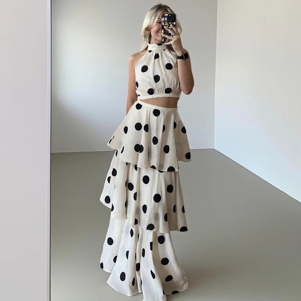 French Retro Holiday Women Long 2 Piece Elegant Polka Dot Sleeveless Top Ruffle Pleated Set Luxury Party Sexy Female Dress Set