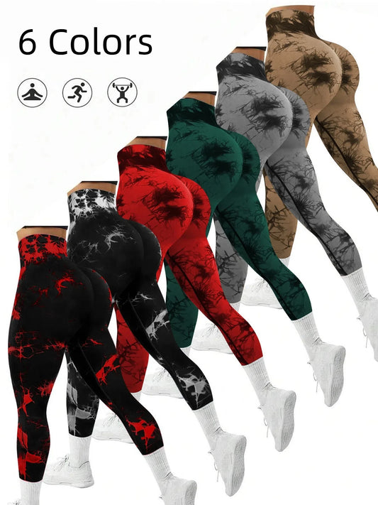 Pantalones de yoga de cintura alta sin costuras Tie dye para mujer, pantalones de banda de vientre con control de barriga, leggings cómodos y elásticos para mujer
