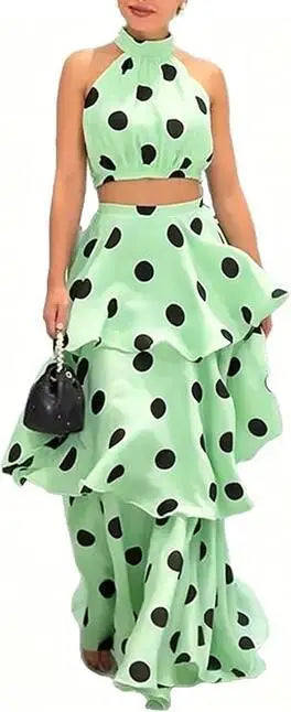 retro francesas para mujer, largo, 2 piezas, elegantes, lunares, sin mangas, con volantes, conjunto plisado, fiesta de lujo, conjunto de vestido femenino sexy